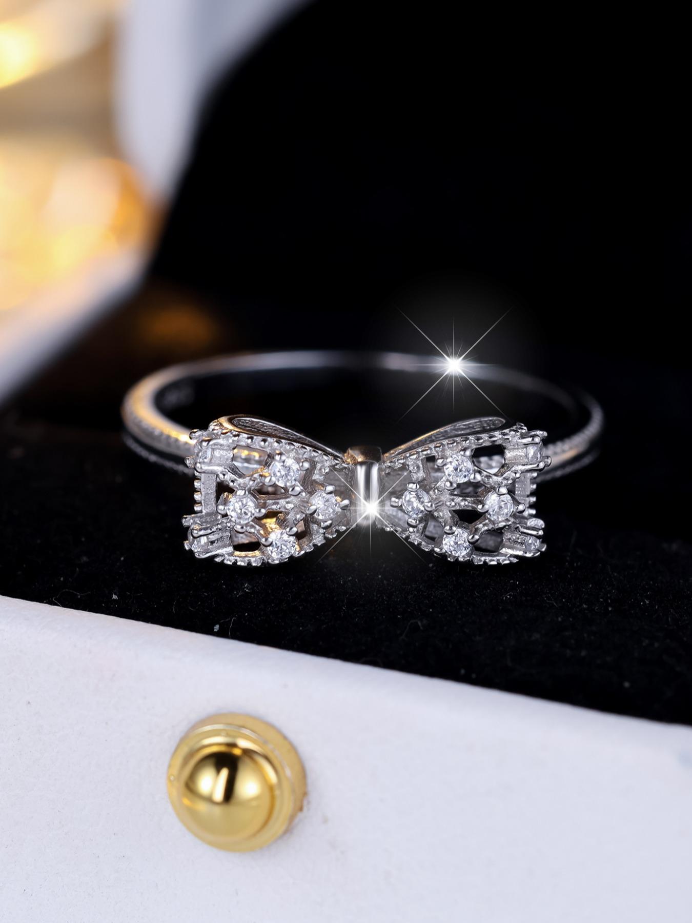 S925 Sterling Silver Cute Bowknot Design Ring, Fashion Rhinestones Decor Elegant Engagement Ring for Women & Girls, Trendy All-match & Exquisite Jewelry for Gift