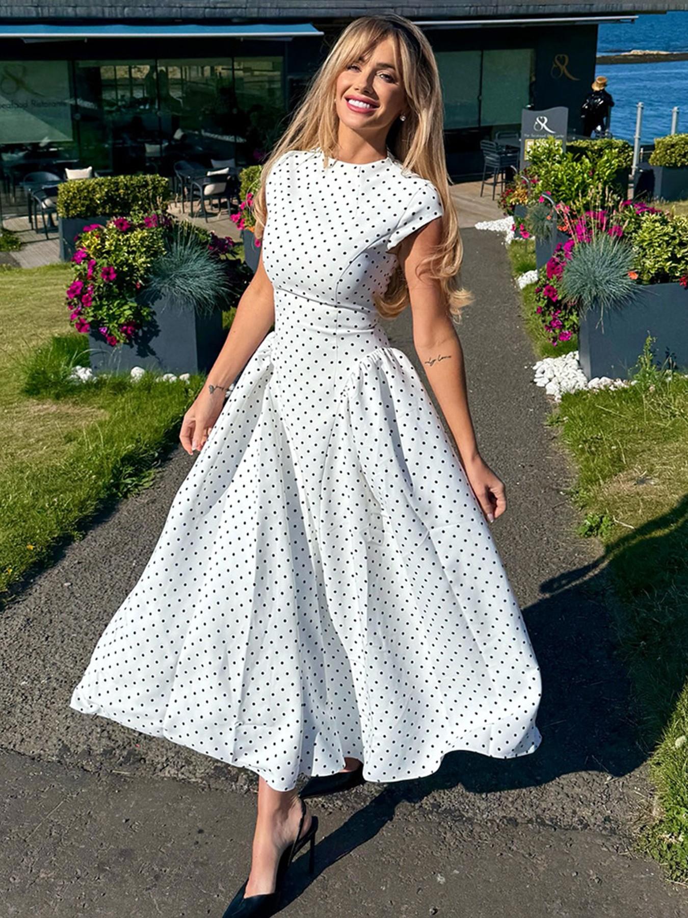Boho Polka Dot Print A-Line O-Neck Maxi Dress, Elegant Summer Party Casual Long Dress for Women, Fashion Dress for Holiday Boho Polka Dot Print A-Line O-Neck Maxi Dress, Elegant Summer Party Casual Long Dress for Women, Fashion Dress for Holiday