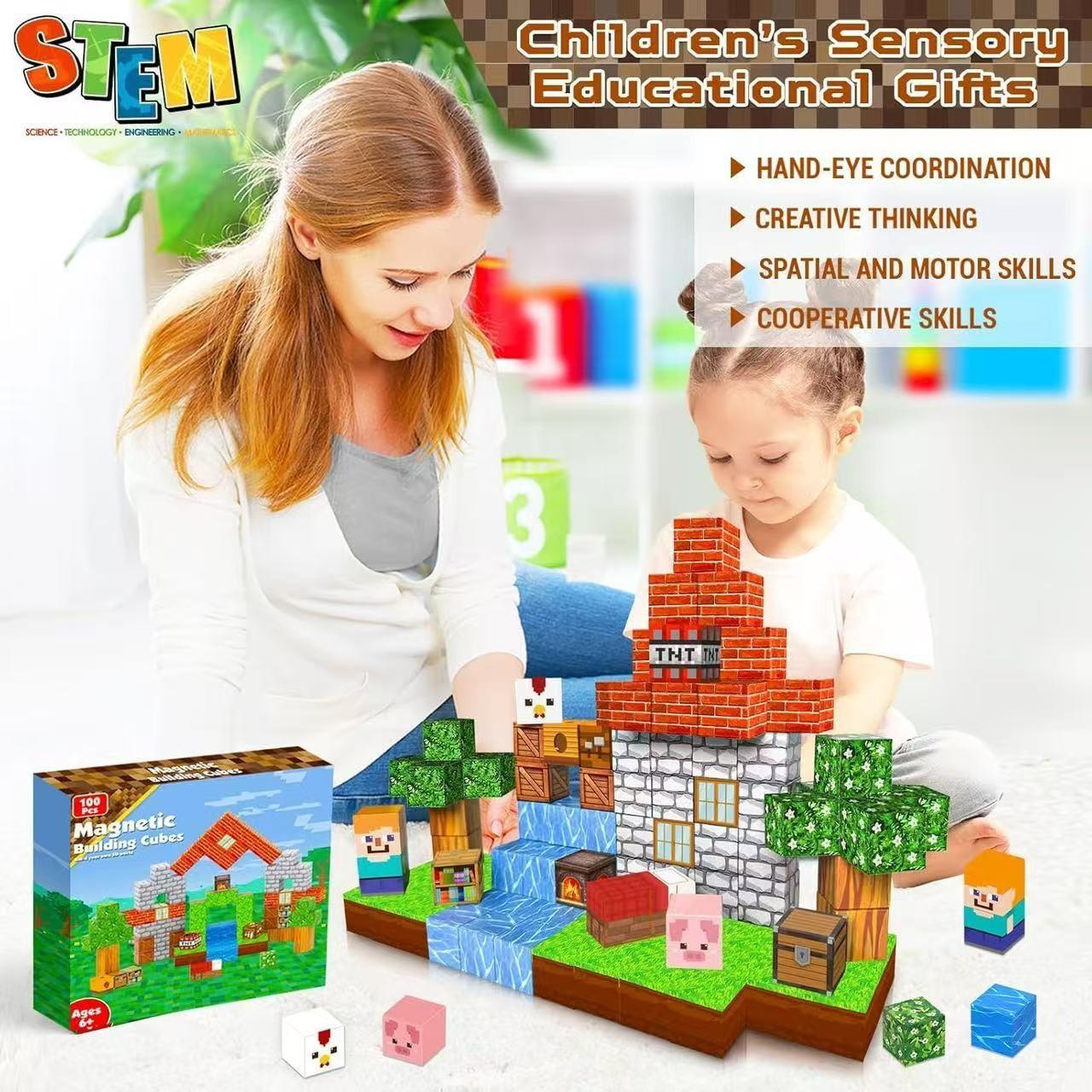 100 magnetic building blocks and tiles for stacking and construction – “Magnetic World” series, STEM Montessori sensory toy magnets, Valentine’s Day gift, boyfriend gift, educational activity, creative play, outdoor fun squares.