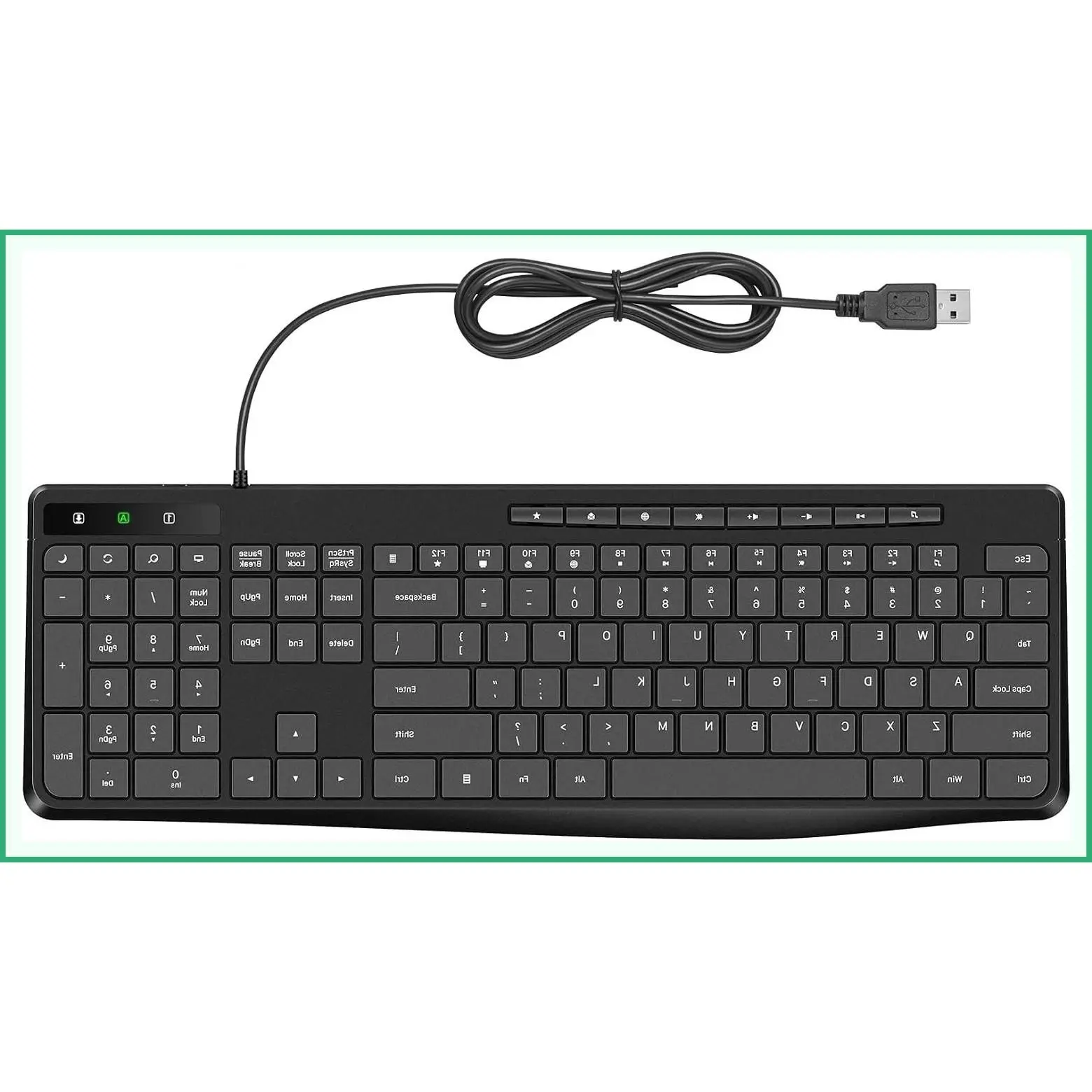 Wired USB Computer Keyboard, Quiet Silent Multimedia with Low Profile Chiclet Keys, Large Number Pad, Spill-Resistant, Anti-Wear Letters, Full Size for Laptop, Desktop