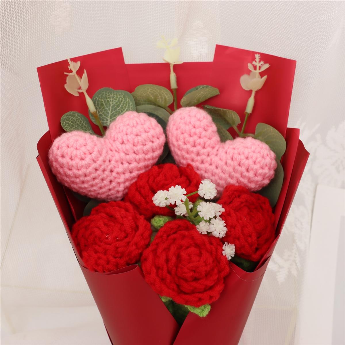 Handmade Knitted Yarn Artificial Flower Bouquet, Heart and Rose Flowers, Perfect Gift for Valentine's Day Mother's Day Thanksgiving