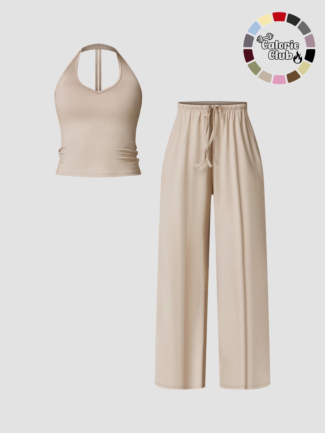 Women's Quick-Dry Sports Tank Top, Casual High-Waisted Bell Bottoms, Comfortable Sporty, All-Season Plain Style, Casual Sportswear Set, Casual Sportswear Outfit Women's Quick-Dry Sports Tank Top, Casual High-Waisted Bell Bottoms, Comfortable Sporty, All-Season Plain Style, Casual Sportswear Set, Casual Sportswear Outfit