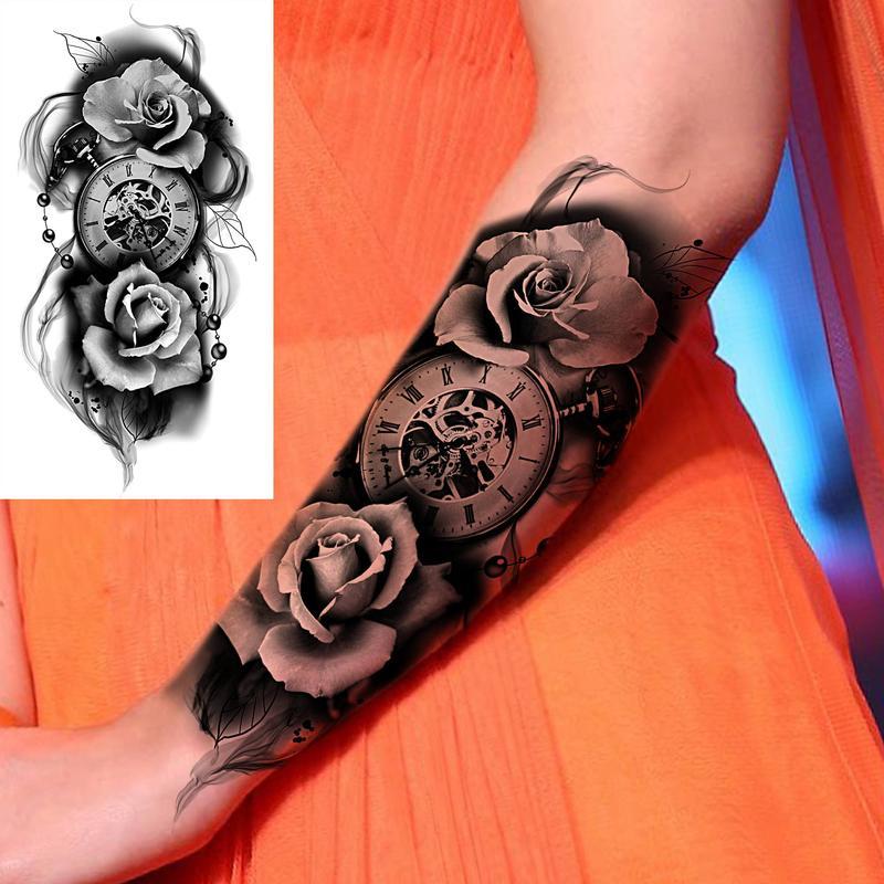8pcs Half Arm Sleeve Skull & Rose,Animal Pattern Temporary Tattoo Sticker,Body Art Sticker For Women & Men