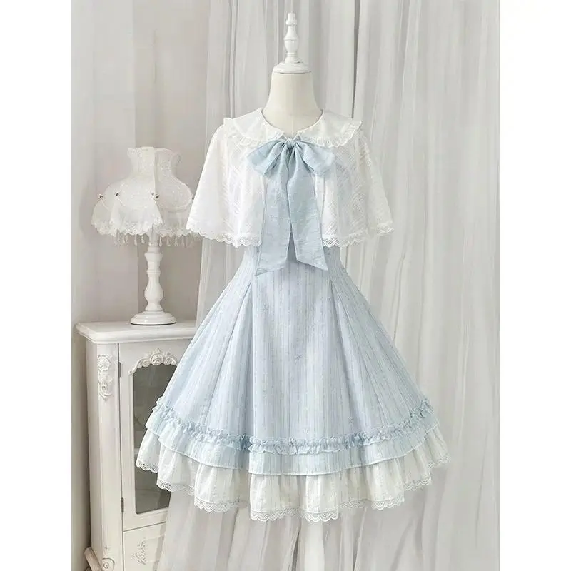 Sweet Elegant Japanese Kawaii Lolita Mini Dress Women Peter Pan Collar Capelet Bow Lace Ruffle Hem Slim Party Chic Outfit 2026