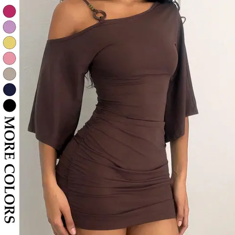 Women's American Style Off-Shoulder Ring Buckle Strap Short Skirt, Flared Mid-Sleeve Side Pleated Bodycon Fitted Dress, Daily for Street and Dates