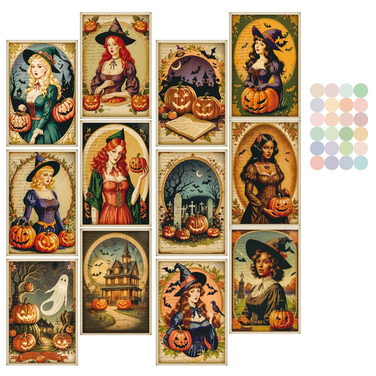 12Pcs Vintage Halloween Witch Postcards, Retro Pumpkin Bat Haunted House Ghost Art Print Cards, Antique Old Paper Style Witchy Postcards for Wall Collage Decor, Junk Journal, Halloween Greeting Card & Gift Giving