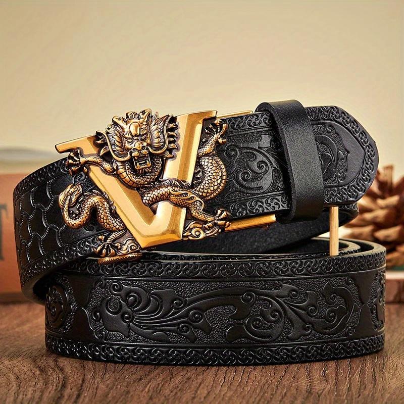 Men's Ratchet Leather Belt Engraved Vintage Dragon Leather Ratchet Belt for Men Eagle Button Belt Adjustable Brown