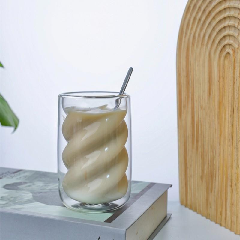 1/2/4 Pcs High Borosilicate Glass Cups, Drinkware, Spiral Design Double Wall Insulated Anti-Scald, Food Grade BPA Free Heat Resistant, Microwave Dishwasher Safe Reusable Breakfast Ice Coffee Beverage Cups, Perfect for Summer Winter Daily Home Office Use