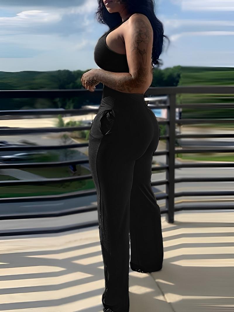 Women's Heart Print Pocket Overall Jumpsuit, Casual Sleeveless Jumpsuit for Daily Wear, Ladies Clothes for All Seasons