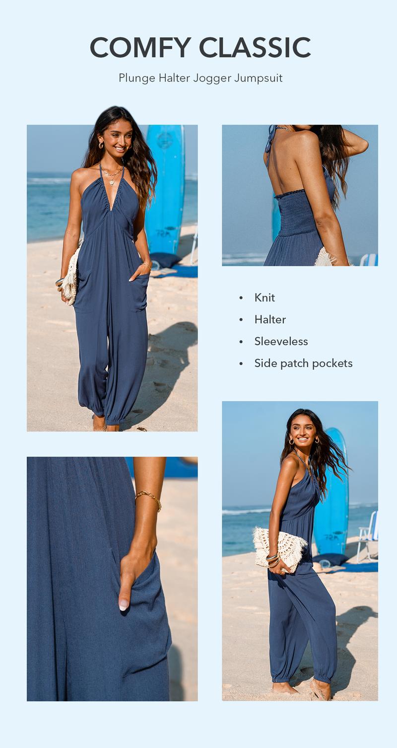 CUPSHE 【Valentine's Day】 Plunge Halter Wide Leg Jumpsuit with Pockets – Adjustable Strap Lightweight Tropical Print Resortwear