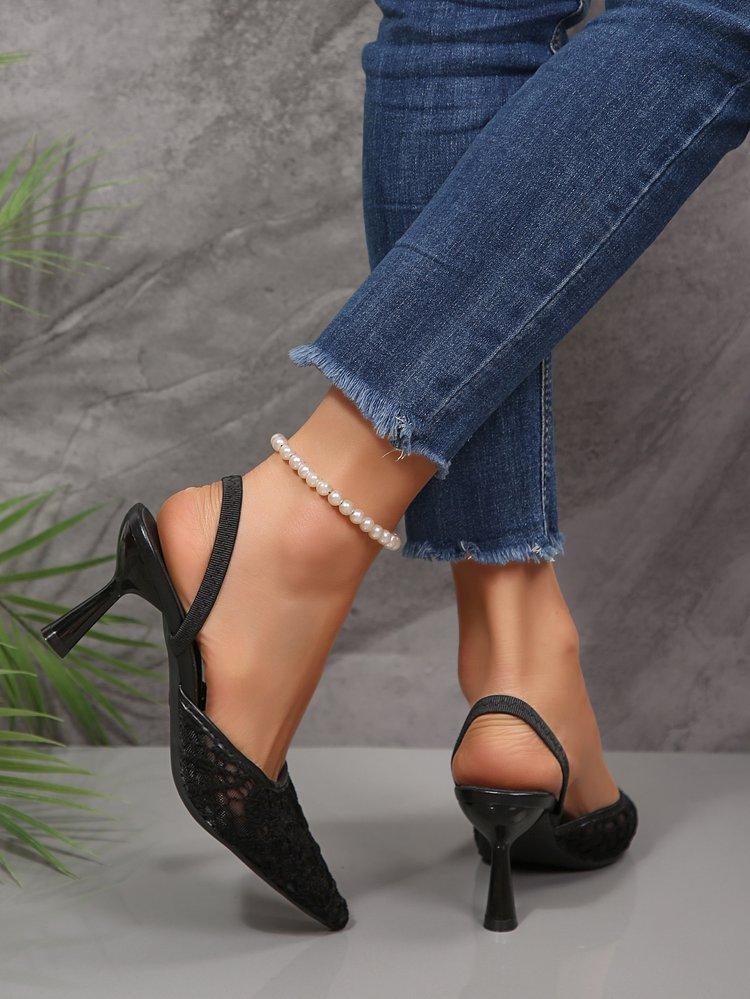 Women's Summer French Lace Pointed Toe Sandals Block Heel Ankle Strap Slingbacks Sexy Outdoor Slides