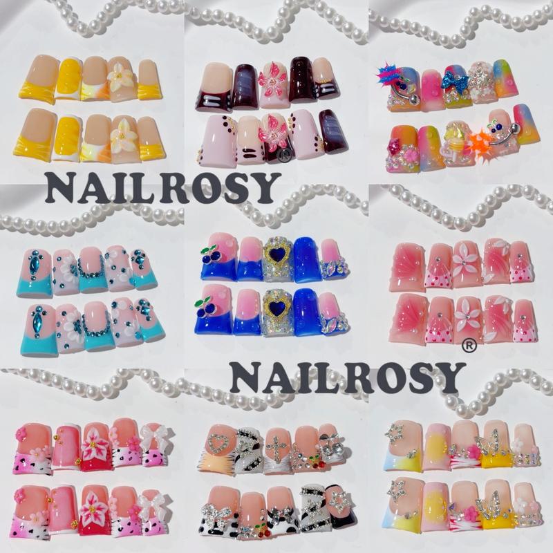 30pcs Mystery Box Handmade Press on Nails, 3D Floral Short Duck Design,Rhinestone French Shimmery Finish, Perfect for Weddings & Parties Christmas Halloween, Handmade Reusable Nails