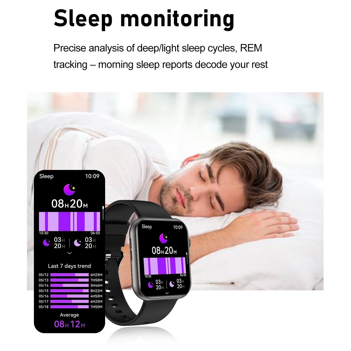 Universal smart sports watch, 1.83 inches HD touch screen, wireless calling, compatible with Android/iPhone, over 100 sports modes, pedometer, blood pressure and heart rate sports tracker, stainless steel and silicone dual strap, waterproof.