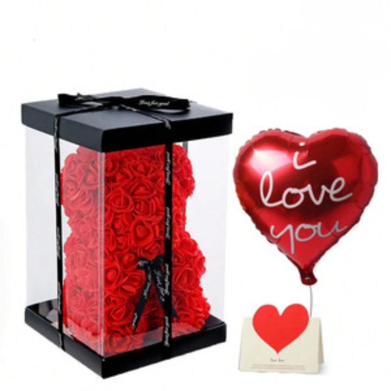 Rose Bear Valentine's Day Gift Set, Floral Teddy Bear with Box Balloon Card, Cute Romantic Love Christmas Wedding Birthday Decorations