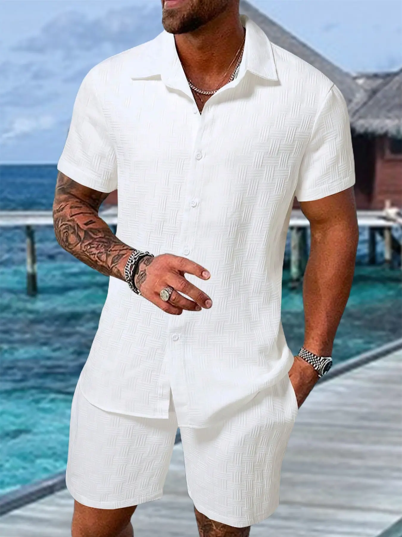 Men Summer 2 Piece Matching Set Dark Textured Camp Collar Short Sleeve Button Up Shirt & Drawstring Elastic Waist Casual Shorts, Lightweight Breathable Loose Tropical Beach Vacation Outfit Co Ord Suit (NO White Inner Undershirt Included）