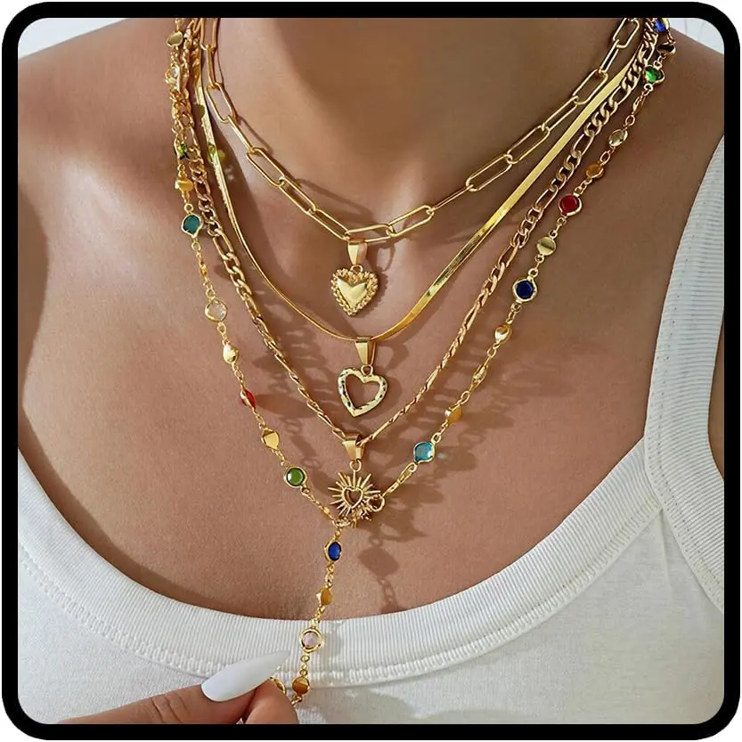 4 Pcs Layered Gold Necklaces for Women Trendy Multicolors Stone Y Shaped Necklace Stackable Gold Heart Pendant Necklaces Summer Wedding Party Prom Jewelry Accessories