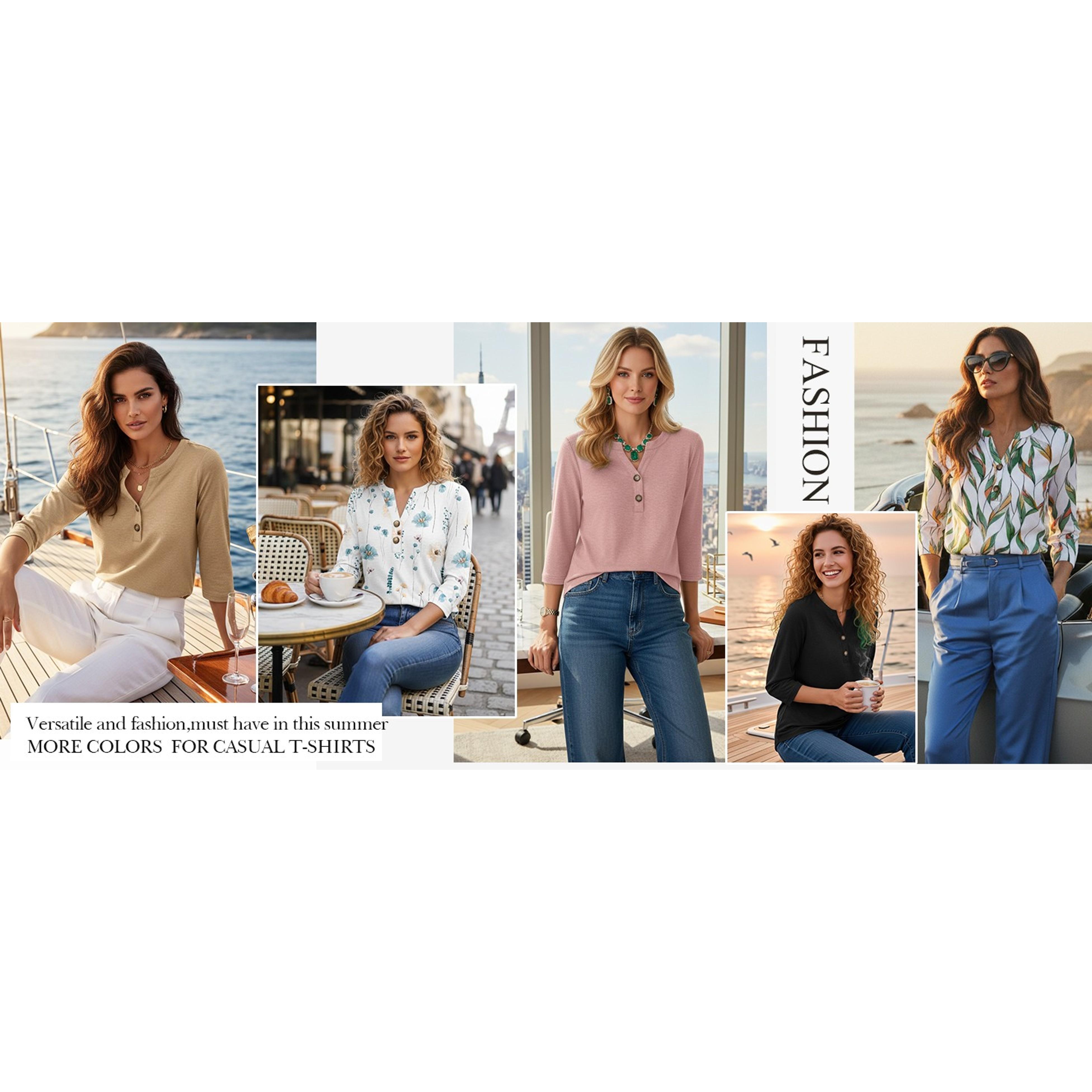 Womens 3/4 Sleeve V Neck Button Down Henley Shirts Business Casual Basic Tees Summer Top(Gift)