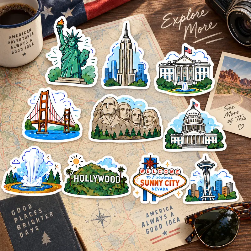 USA Iconic Landmark Reflective Sticker Collection - Vintage Style Vinyl Decals, Peel & Stick Decorations for Luggage, Notebooks, Computers and Outdoor Accessories