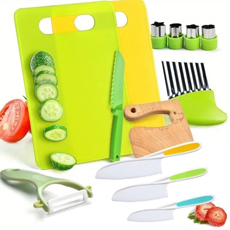 13-Piece Kids Kitchen Wooden Tool Set Play Kitchen Accessories Includes Cutting Board Sandwich Cutter Peeler Perfect Real Cooking Gift for Toddlers Birthday Present Kitchen Pretend Play Set