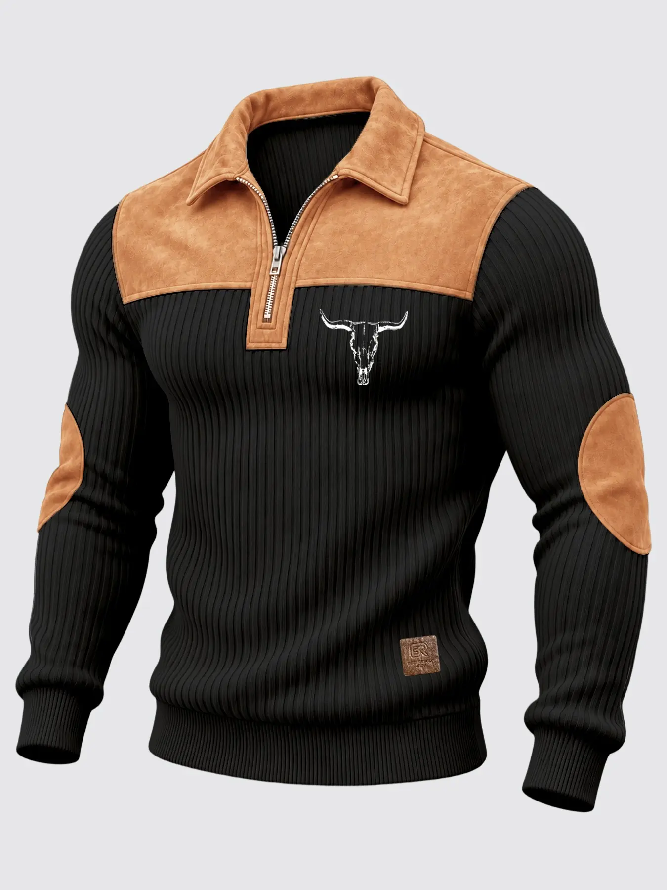 Men's Fall Winter Stand Collar Half-Zip Colorblock Sweatshirt, Street Wear Top, Bull Head Print, Western Retro Casual Knitwear, Warm and Comfortable