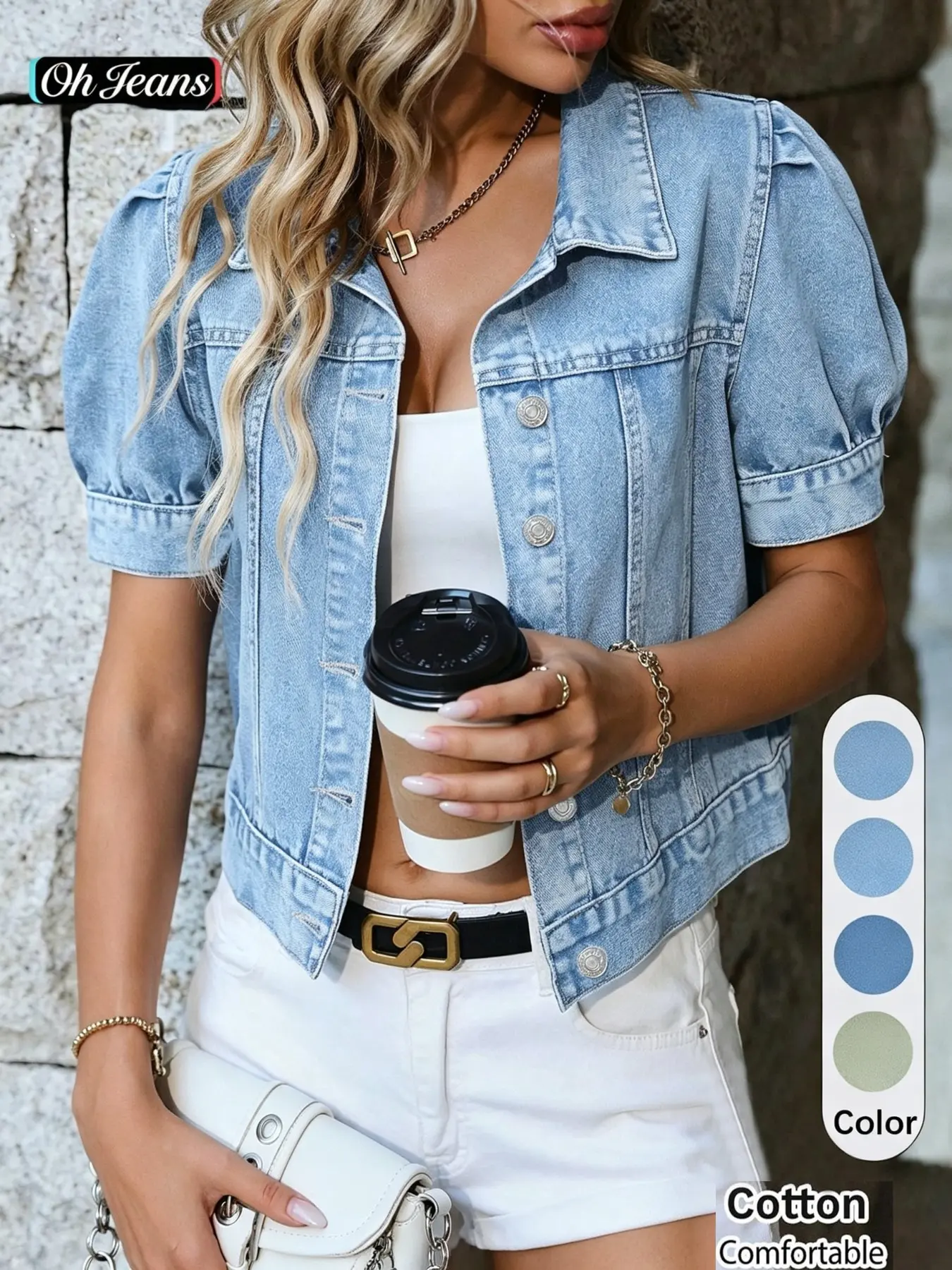 Women's Denim Jacket, Coats, Short Sleeve Button Front, Plain Lapel Design, Casual Outerwear, Multiple Colors, Daily Wear Style