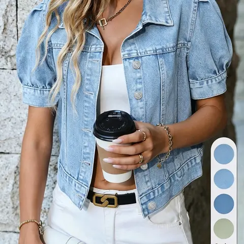 Women's Denim Jacket, Coats, Short Sleeve Button Front, Plain Lapel Design, Casual Outerwear, Multiple Colors, Daily Wear Style