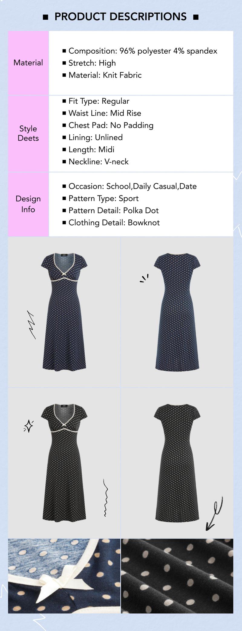 Cider [2 colors, size 0-26] Knit V-neck Spot Bowknot Midi Dress