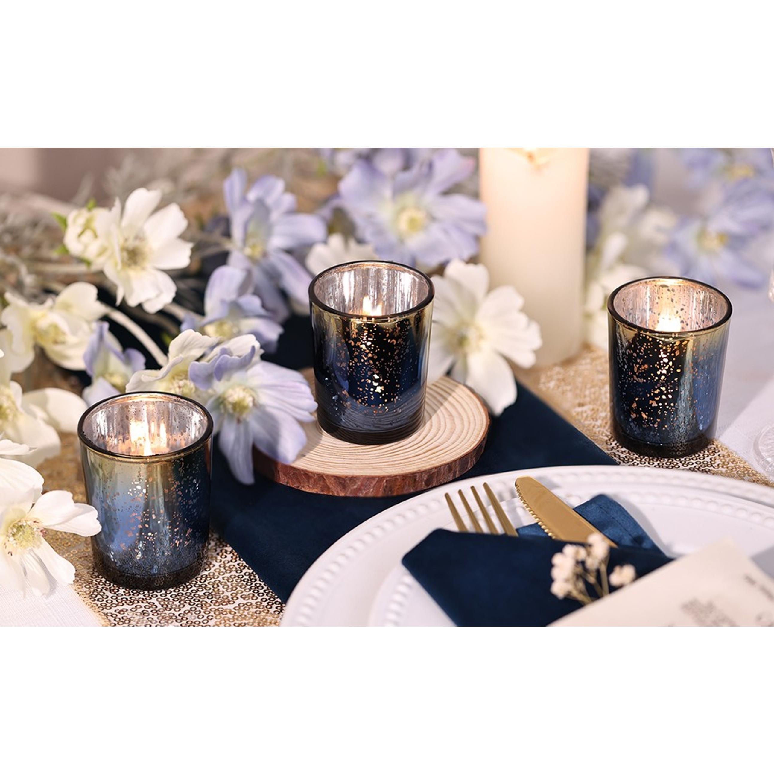 Navy and Gold Party Decorations 12pcs Glass Votive Candle Holders | Speckles Mercury Glass Tealight Candle Holders Bulk for Tabletop, Wedding Centerpiece, Navy Blue and Gold Decor
