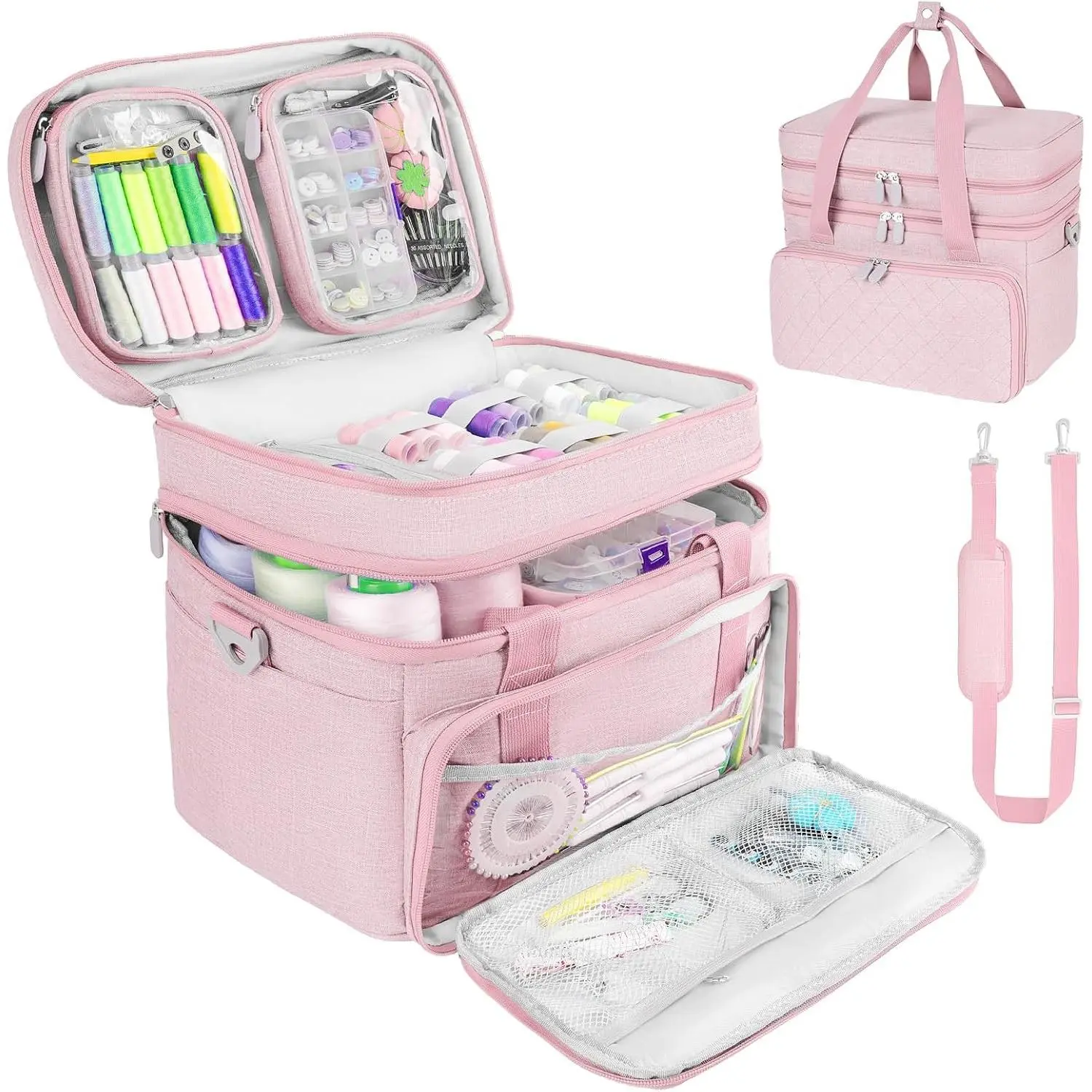 Double-Layer Sewing Organizer Bag with Detachable Pockets, Pink | Sewing box for supplies, elastic loops, large portable sewing storage basket for accessories