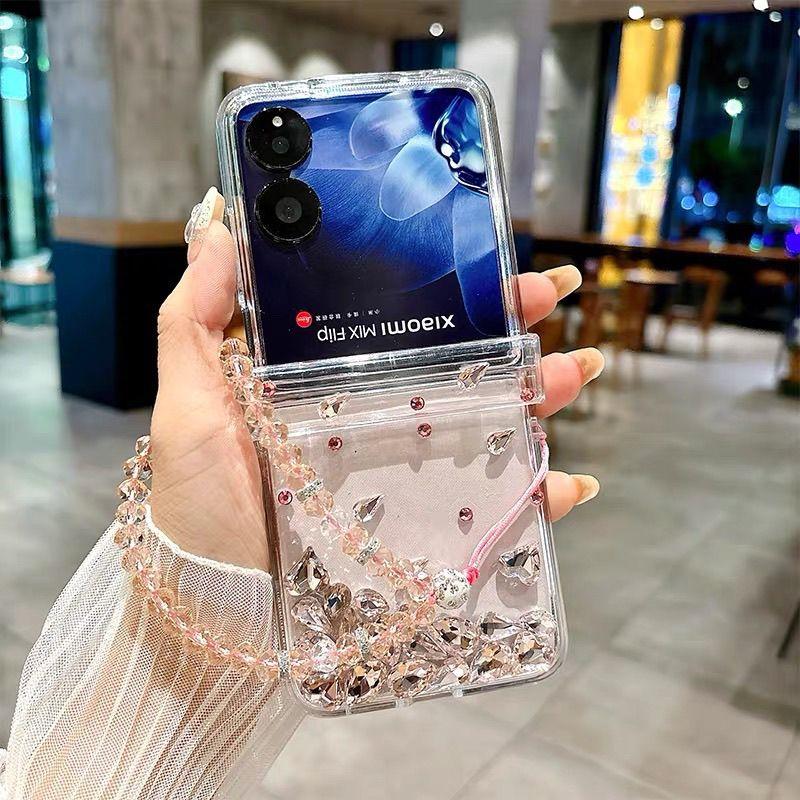 Clear Rhinestone Foldable Phone Case With Chain For Samsung Galaxy Z Flip3/Z Flip4/Z Flip5/Z Flip6/Z Flip7, Shockproof Cover