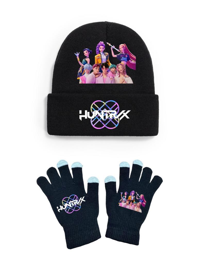 Fashionable Hat & Glove Set for Autumn Winter, Creative Anime Girl Kpop Hunter Series, Unisex Knitted Cap, Christmas Gift Idea