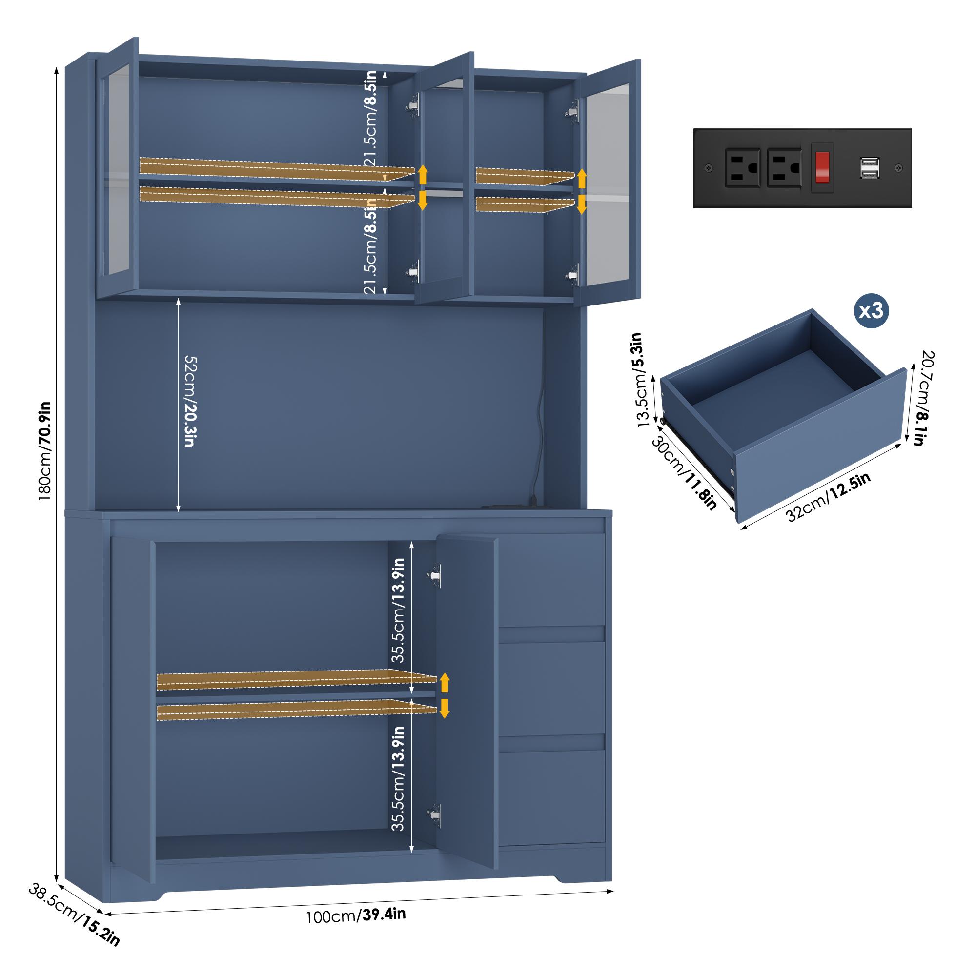 FOTOSOK 71" Modern Black Kitchen Pantry Cabinet with 6 Doors, 3 Drawers, LED Lights, Power Outlets, USB Ports, 39.4" Wx 15.2" Dx 70.9" H