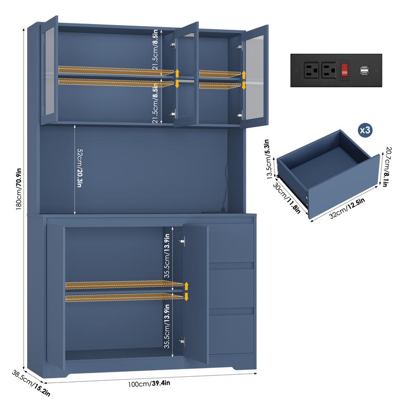 FOTOSOK 71" Modern Black Kitchen Pantry Cabinet with 6 Doors, 3 Drawers, LED Lights, Power Outlets, USB Ports, 39.4" Wx 15.2" Dx 70.9" H