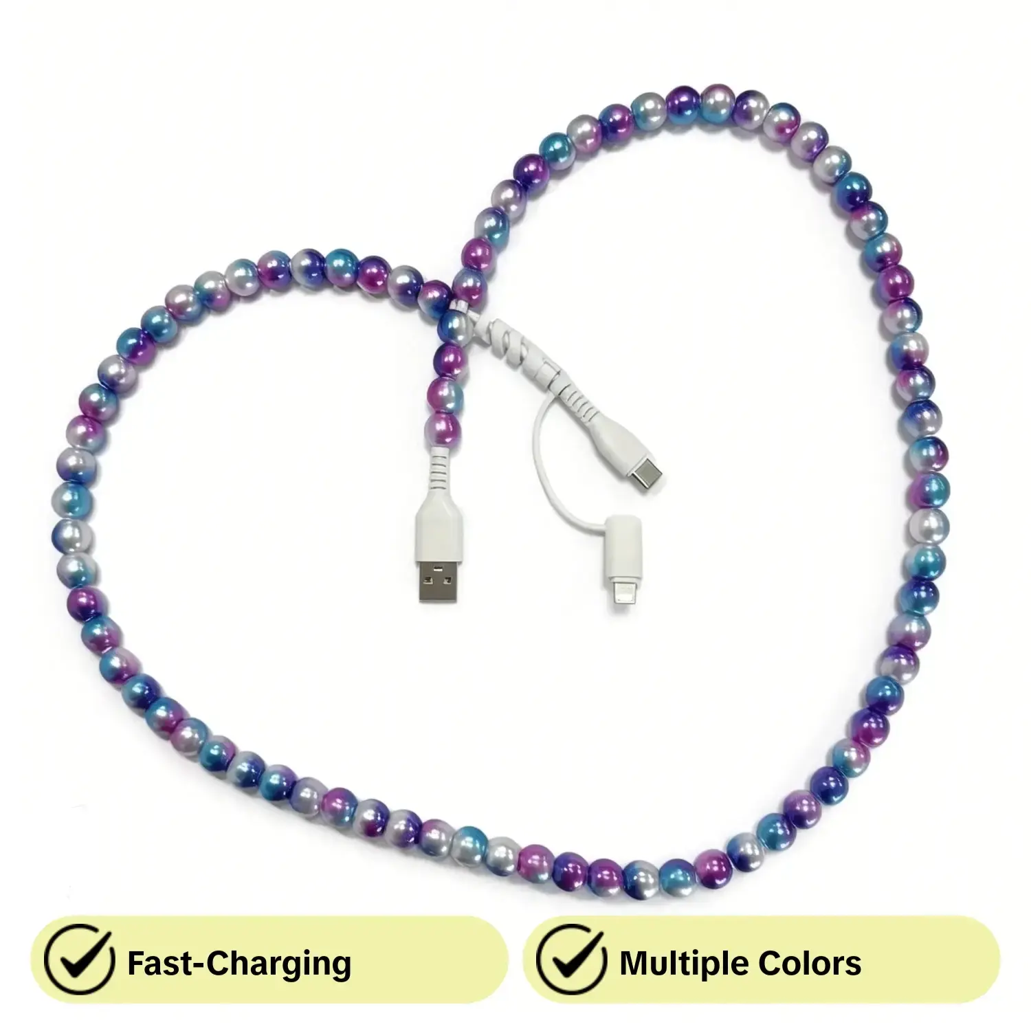 Pearl-Decorated Charging Cable - Compatible with all devices USB-C and Lightning interfaces 4-in-1 data cable, 3.3 feet in length, ideal for women for fast charging, available in multiple colors, Holiday gifts
