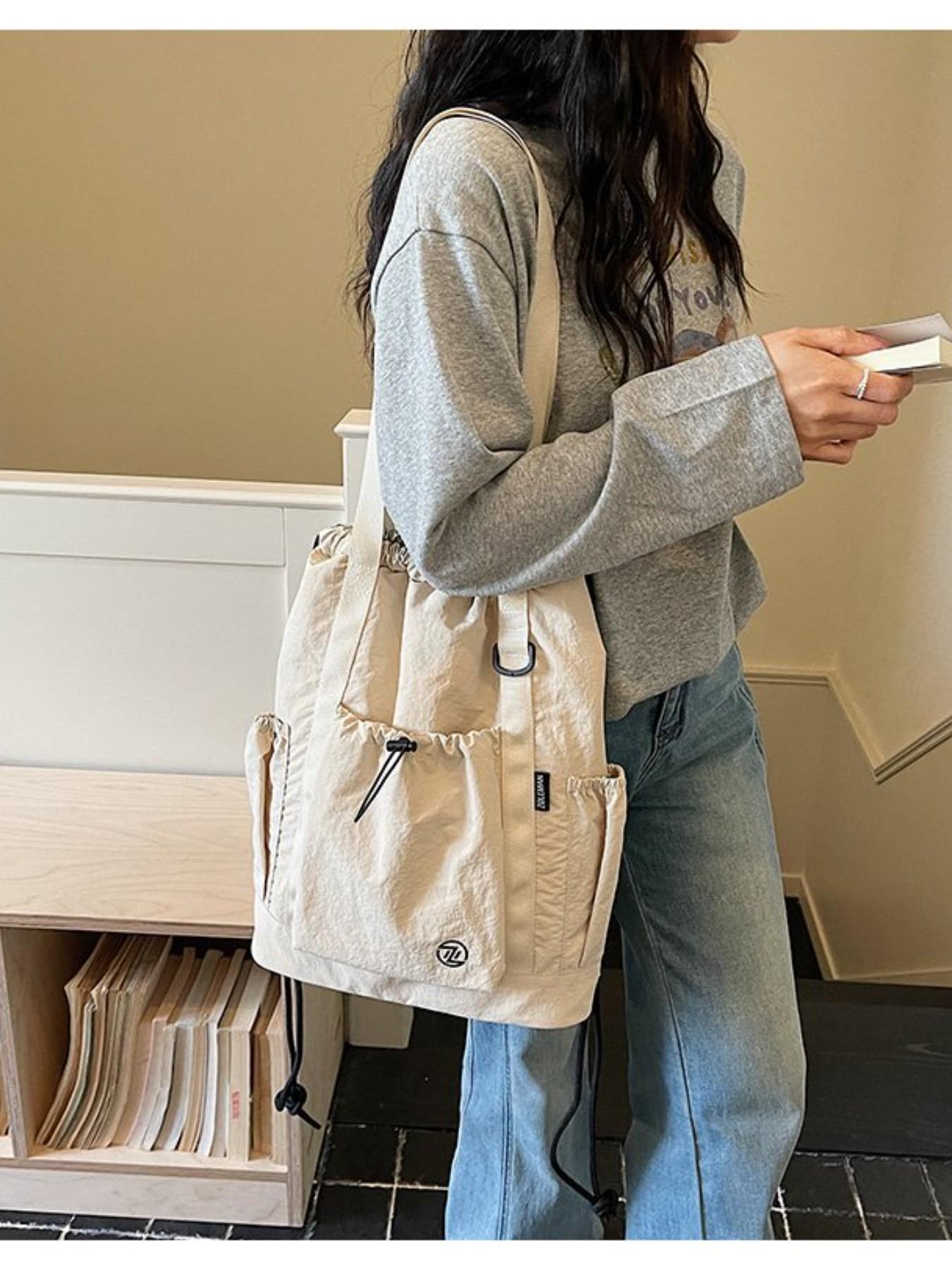 Large Capacity Drawstring Tote Backpack, Lightweight Nylon Shoulder Bag with Secure Pockets, Foldable Unisex Casual Daily Bag, Travel Fitness Shopping Bag