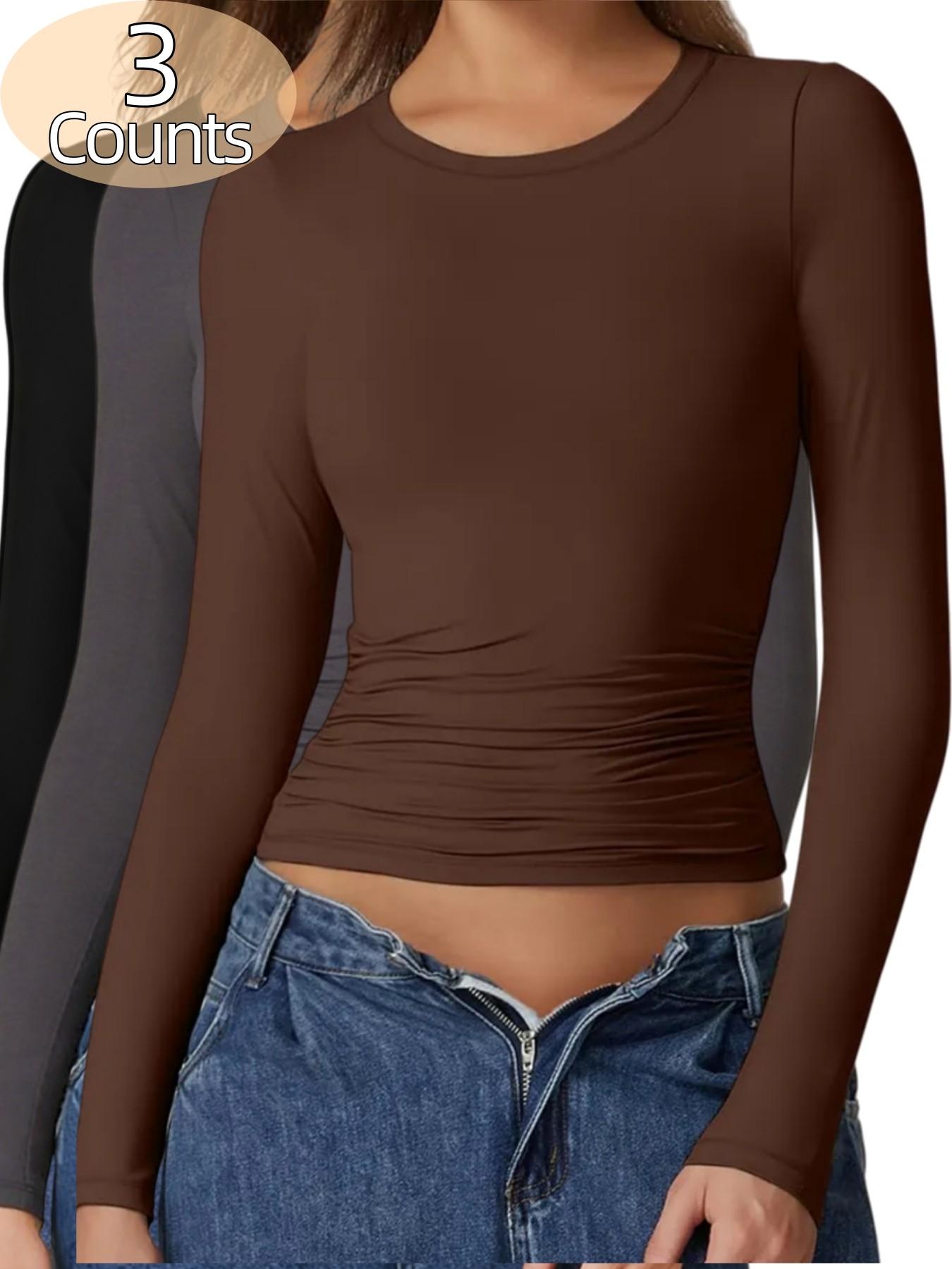 3 Counts Elegant & Versatile Women Plain Crew Neck Long Sleeve Ruched Fitted Slim Fit Loungewear Shirt,Warm Trendy Basic Tops,Breathable Soft Underwear,Cute Womenswear,High Elasticity Shapewear Tee,Suitable For All Seasons