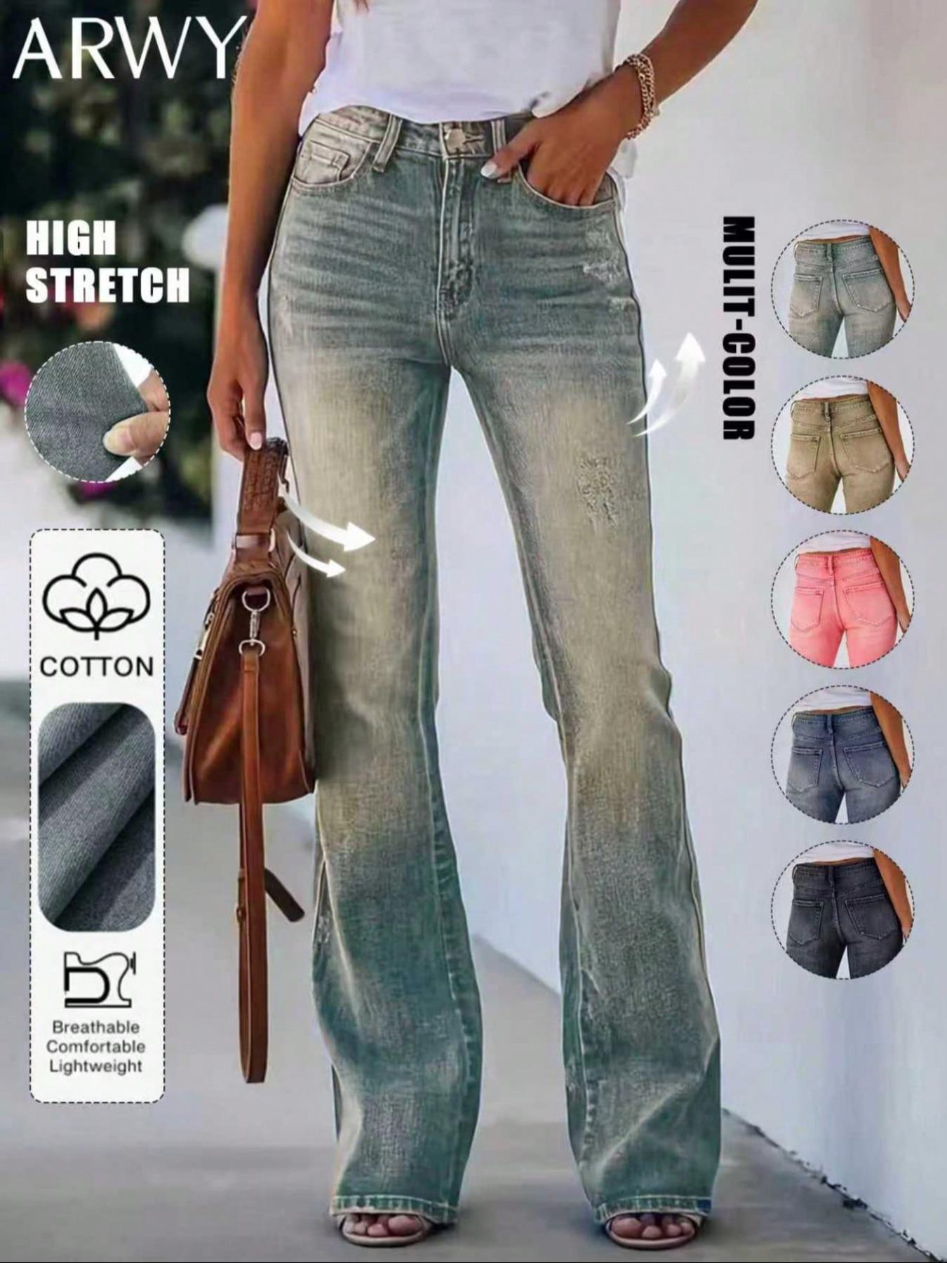 Women's Gradient-Color Slim-Fit Bootcut Jeans with Button, Fashion Mid-Rise Stretchy Washed Denim Pants, Bohemian Style for All Seasons