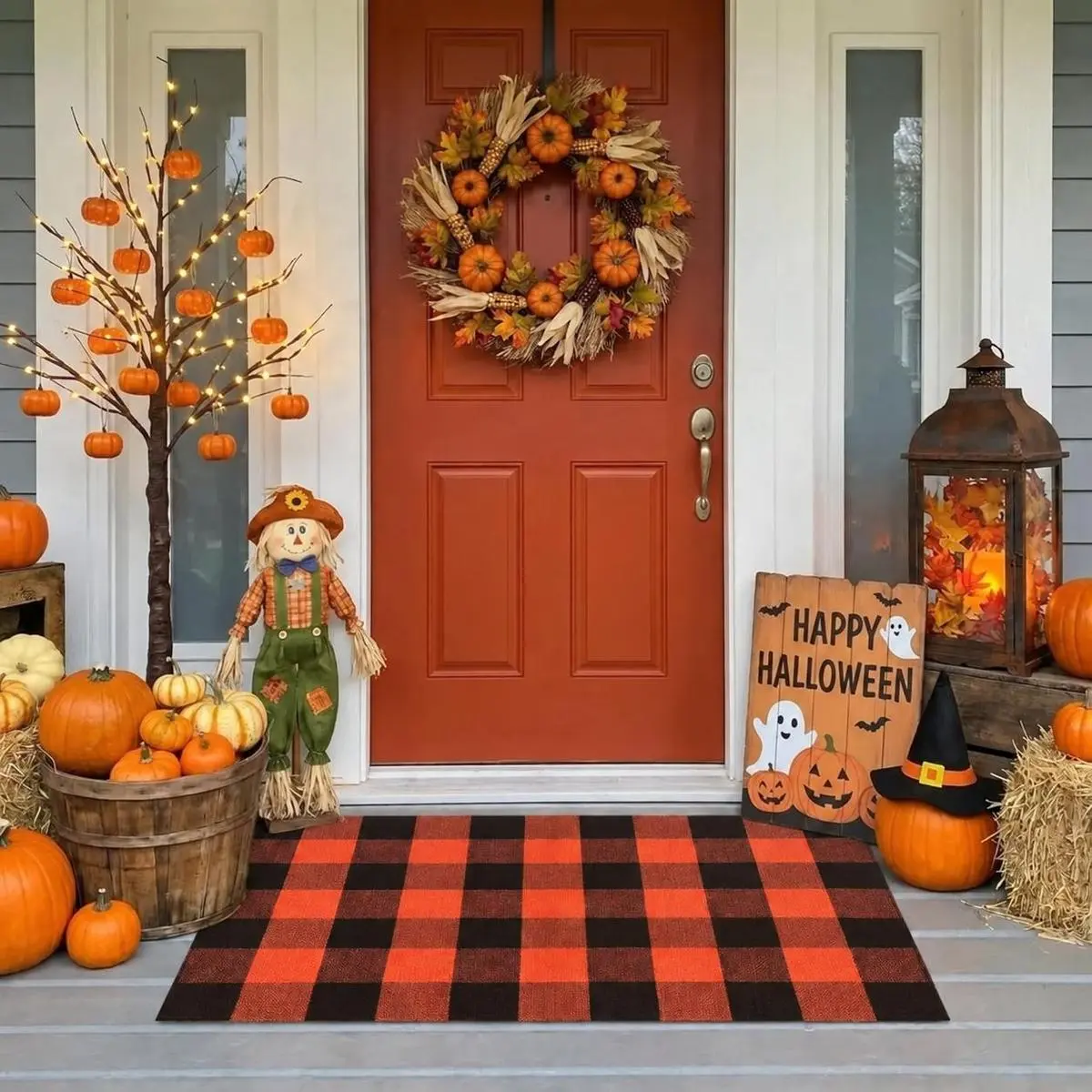 Fall Decor Buffalo Plaid Doormat, 24*32 Inch Orange‑Black Checkered Diatomaceous Earth Rug, Washable Absorbent Halloween Front Door Mat, Foldable Layered Welcome Mat for Porch, Entryway, Indoor & Outdoor Home Decor