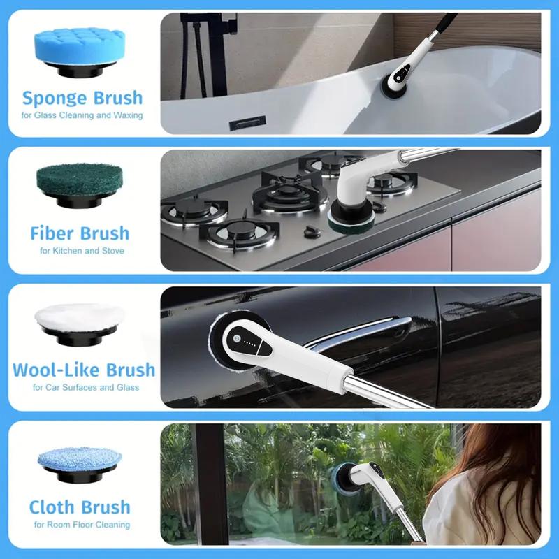 Electric Rechargeable Spin Scrubber, 1 Set Electric Cleaning Brush with Replacement Brush Heads, Adjustable Telescopic Pole Cleaning Brush for Bathroom, Kitchen, Bathtub, Car