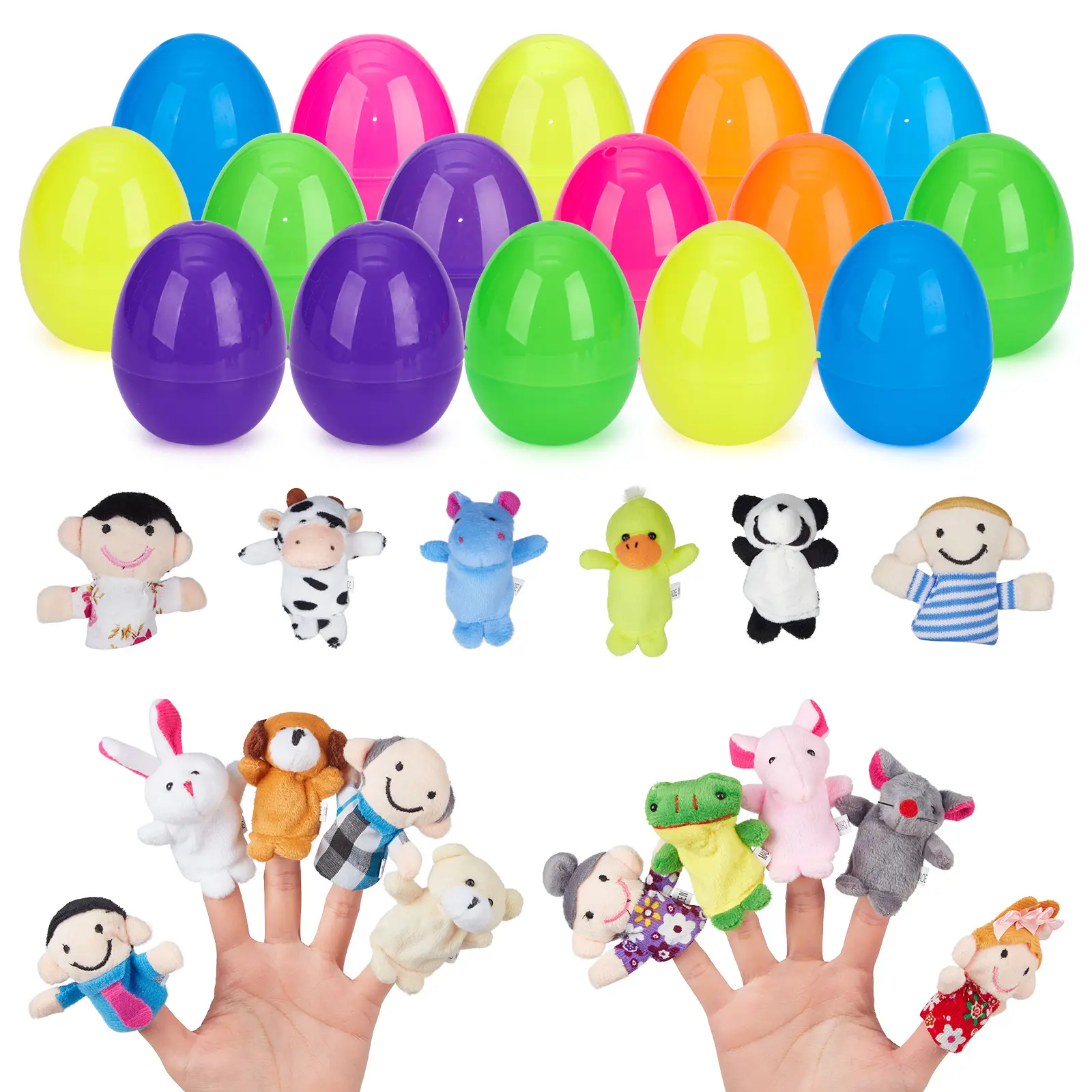 Soft toy Animal Finger Puppets Set in Filled Easter Eggs – Kids Easter Egg Hunt Toys, Basket Stuffers, Goodie Bag Fillers, Party Gifts, Mini Keychains