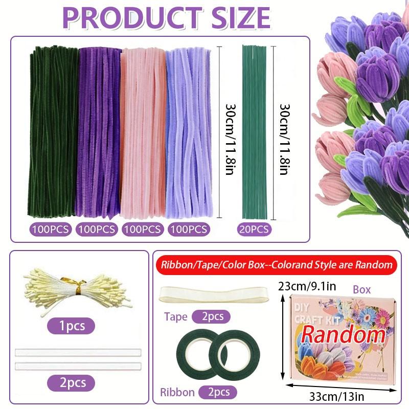 400pcs/set DIY Floral Pipe Cleaner Craft Kit, 4 Mixed-Color Furry Stems for DIY Flower Making, Includes Floral Wire, Tape, Stamens and Ribbon, Ideal for Birthdays, Weddings, Graduations and Other Occasions