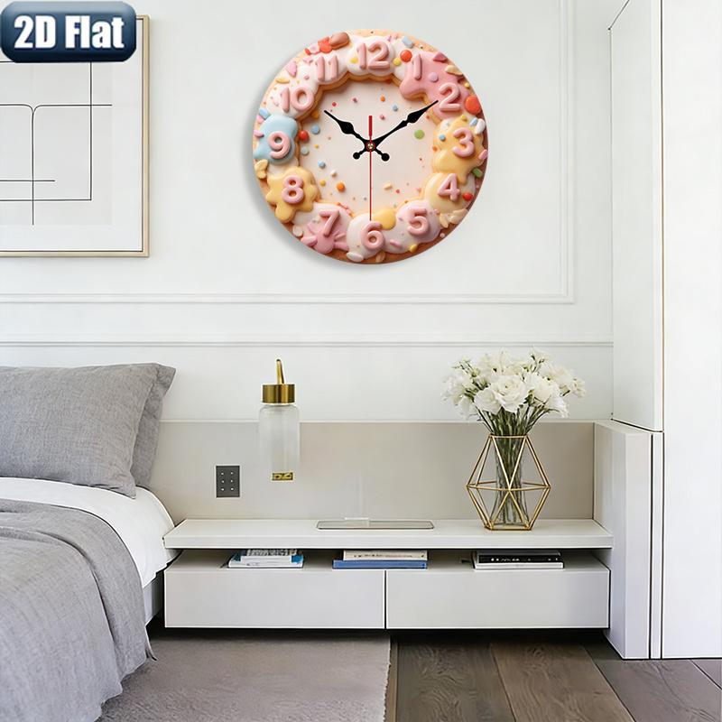 2D flat design. 1 piece set. Sweet Donut Cookie Creative Wall Clock, Silent Decorative Wall Clock, Creative Wall Clock, Suitable for Bedroom, Living Room, Office Decoration, 25/30 cm (excluding AA batteries), 2D Flat Version