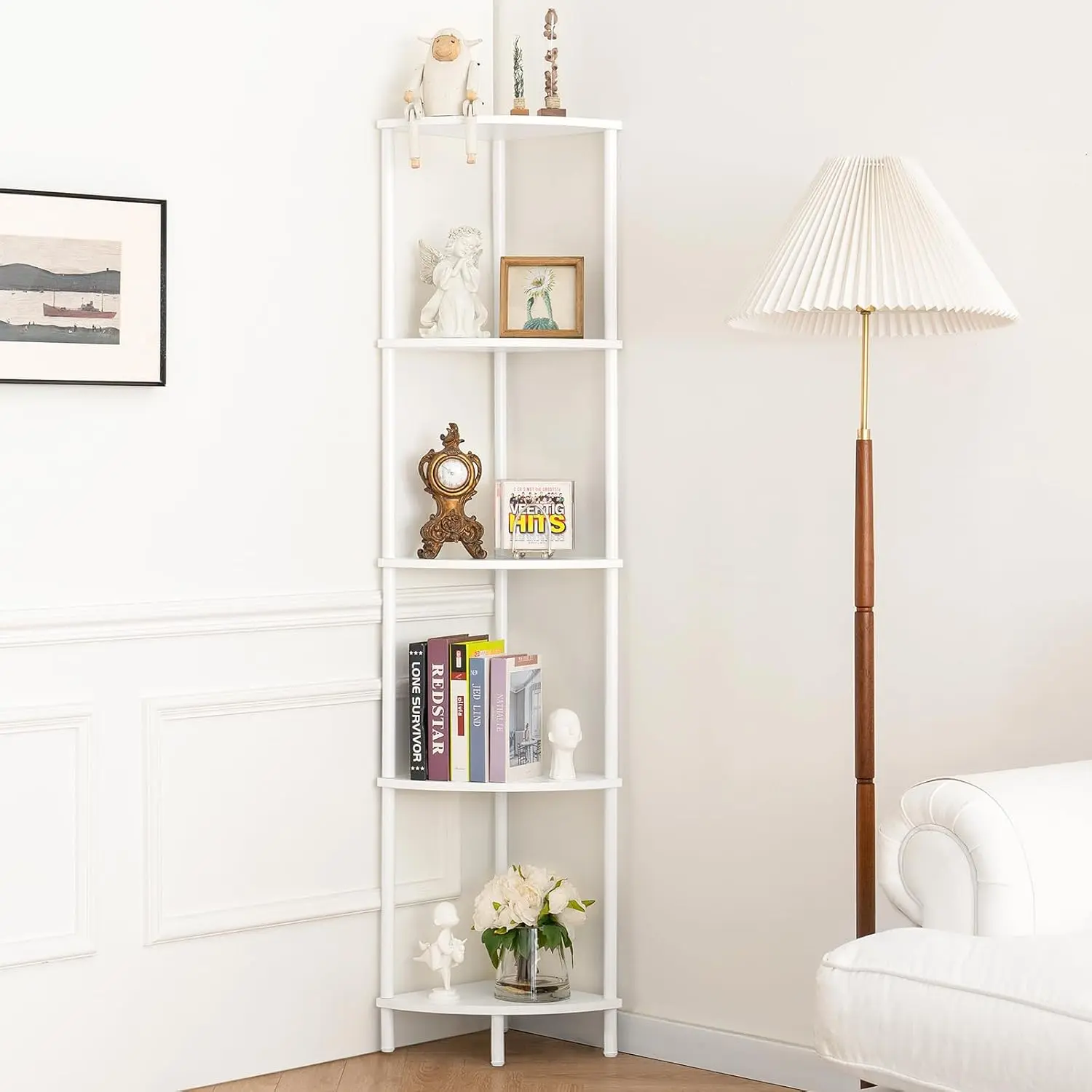 5-Tier Corner Bookshelf, 65" Tall Narrow Display Shelf, White Bookcase for Living Room, Bedroom, Office