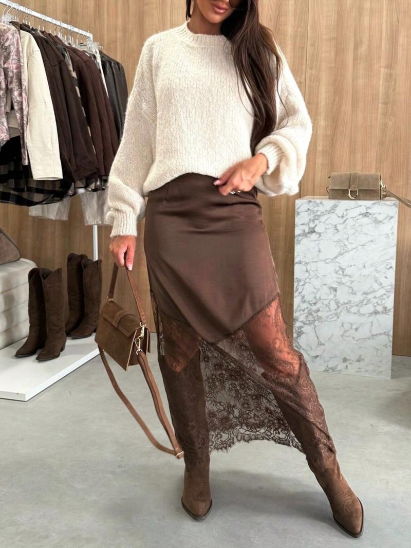 Women's Summer Spring Satin Lace Patchwork High-Waisted Skirt, Elegant Long Plain Design, Slim-Fitting Natural Waist Dress