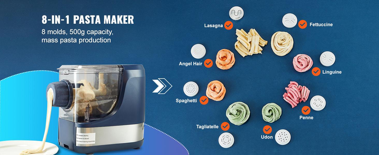 VEVOR Electric Pasta Maker, 150W Automatic Noodle Maker Machine with 8 Pasta Shapes, 4 Intelligent Modes, 500g Flour Capacity Pasta Maker Machine with Measuring Cups, Cleaning Brush for Home Kitchen