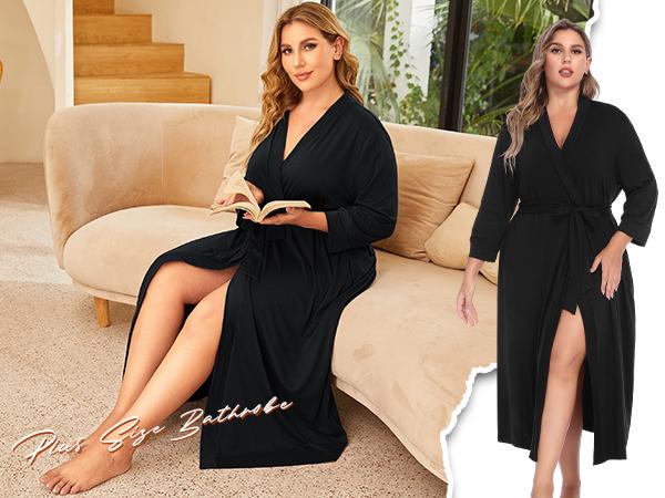 Womens Plus Size Kimono Robes Long Knit Bathrobe V Neck Ladies Loungewear Lightweight Soft Sleepwear 1X-5X Comfort Womenswear Adjustable Anniversary Underwear Elegant  Fit Gowns Pockets Strap#US 2025 Deals for You Days
