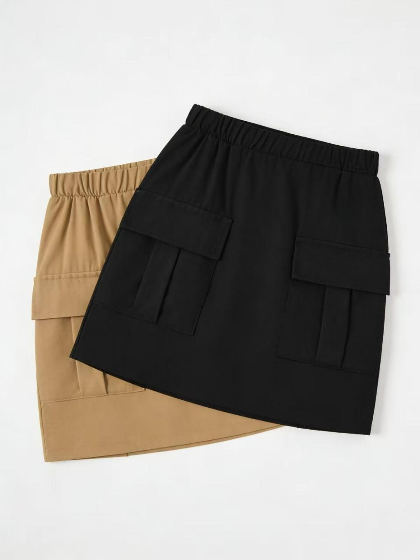 2-Pack Spring Summer New Workwear Short Skirts, Large Pockets, Cute Knee-Length Skirts for Girls, Versatile and Sweet Style