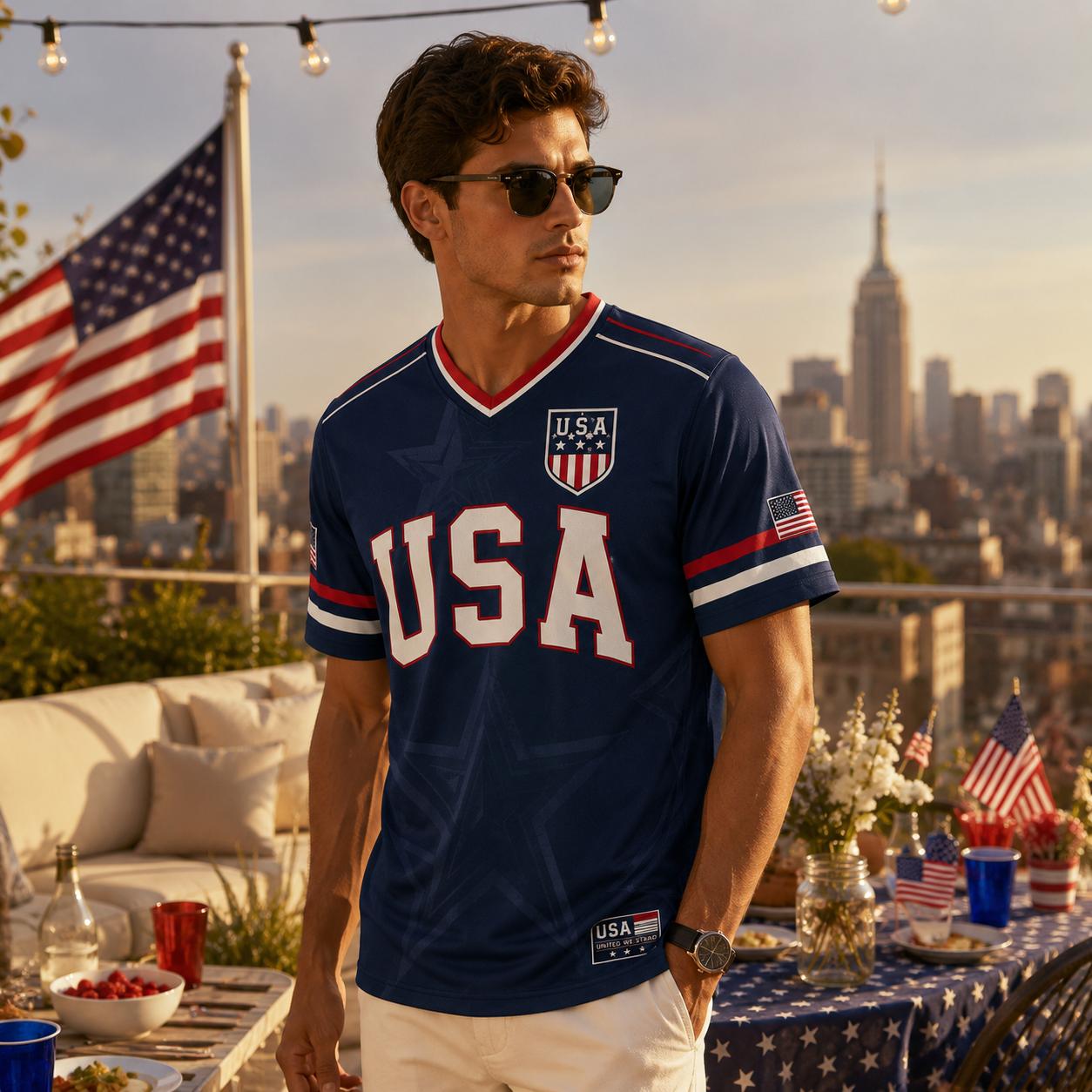 USA Soccer Jersey Men Women Navy Patriotic American Flag Football Shirt Statue of Liberty Graphic V Neck Sports Tee Red White Blue Stars Stripes Short Sleeve Athletic Top 4th of July Independence Day Fan ApparelUSA Soccer Jersey Men Women Navy Patriotic A