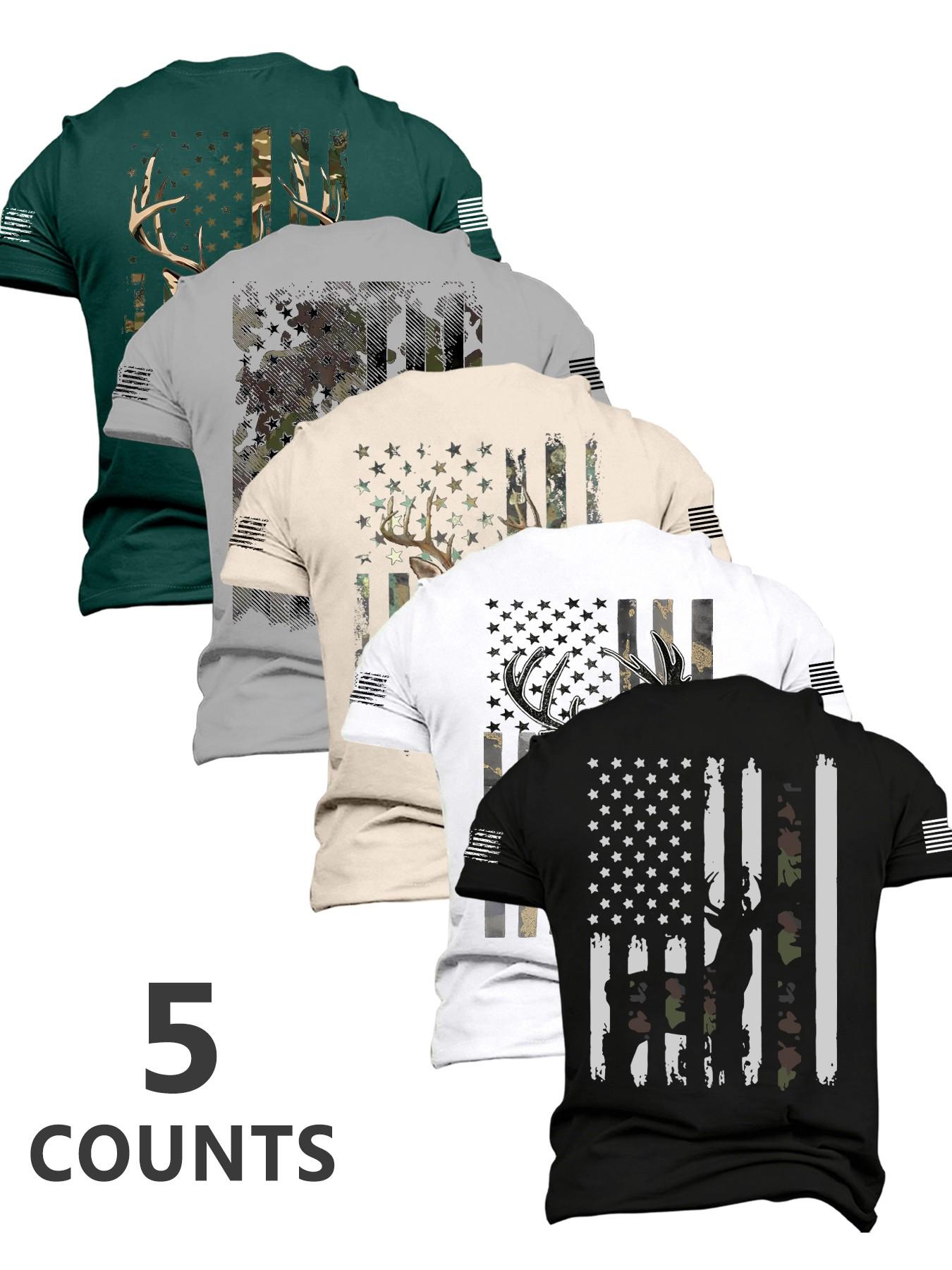 New Summer Men's Patriotic Style Deer & Flag Print T-Shirt Set Soft Breathable Short Sleeve Tees, Multiple Colors, Ideal Gift, Trendy Summer Tee