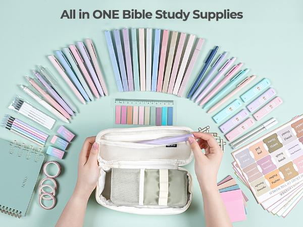 Nicpro 76PCS Bible Study Supplies Journaling Kit with Tabs, Notebook, Highlighter and Pen Case - Annotation Kit, Study Group Essentials Accessories Set